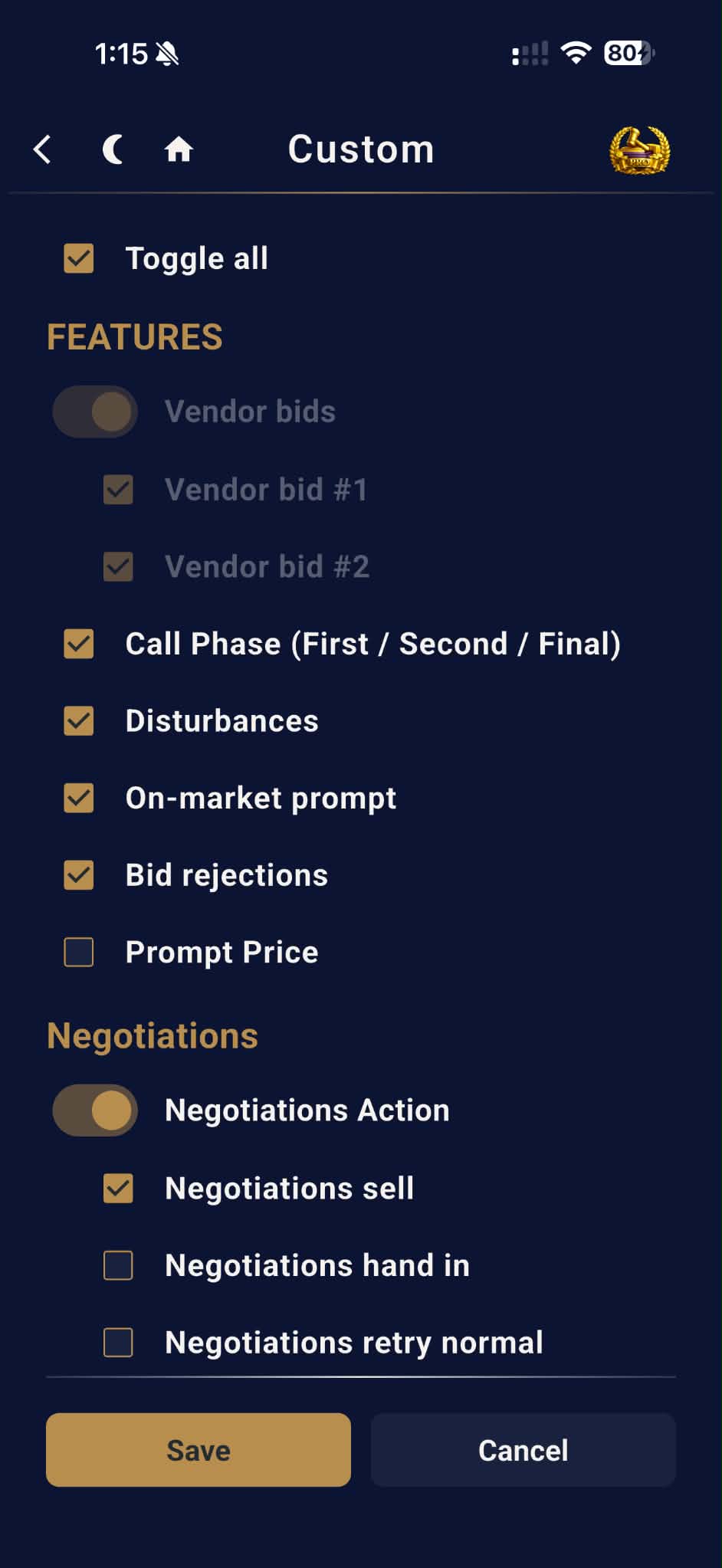 ACTS custom auction features and negotiation settings in dark mode