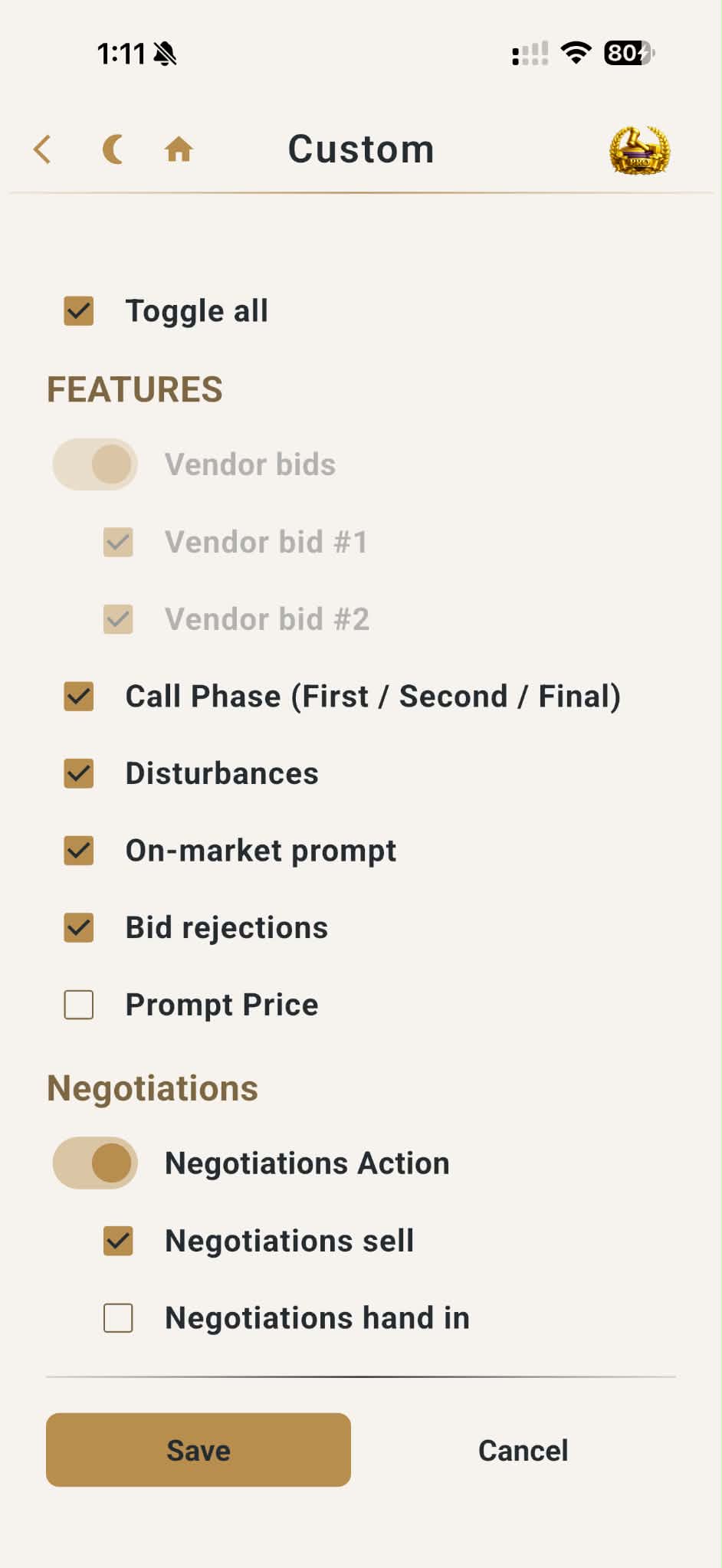 ACTS custom auction features and negotiation settings in light mode