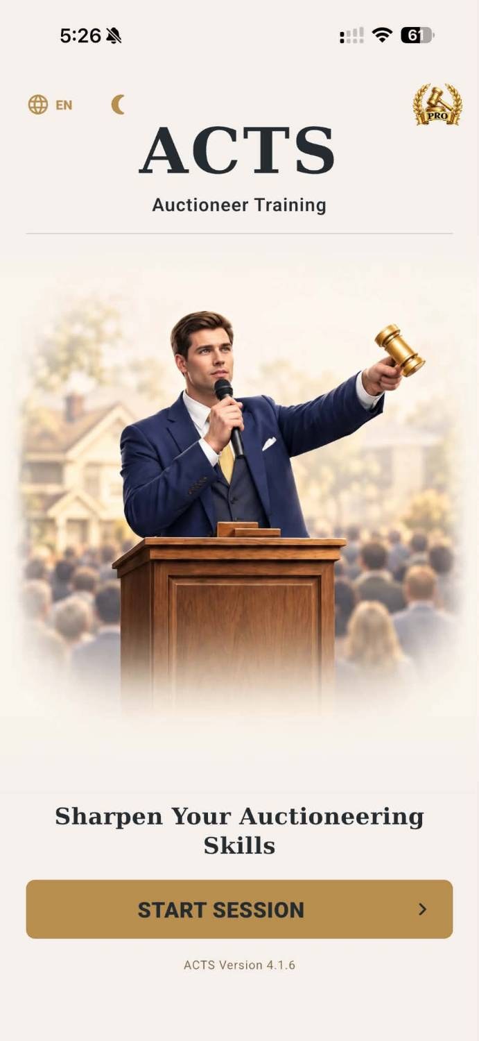 ACTS Auctioneer Training light-mode start screen
